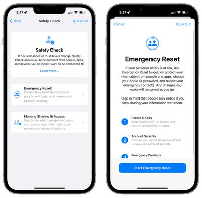 ios 16 safety check emergency reset